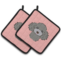 "Caroline's Treasures Checkerboard Pink Silver Gray Poodle Pair of Pot Holders BB1259PTHD, 7.5HX7.5W, Multicolor"