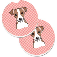"Caroline's Treasures Checkerboard Pink Jack Russell Terrier Set of 2 Cup Holder Car Coasters BB1260CARC, 2.56, Multicolor"