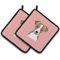 "Caroline's Treasures Checkerboard Pink Jack Russell Terrier Pair of Pot Holders BB1260PTHD, 7.5HX7.5W, Multicolor"