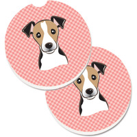 "Caroline's Treasures Checkerboard Pink Jack Russell Terrier Set of 2 Cup Holder Car Coasters BB1261CARC, 2.56, Multicolor"