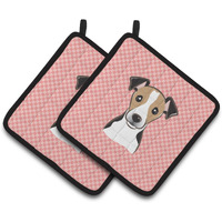 "Caroline's Treasures Checkerboard Pink Jack Russell Terrier Pair of Pot Holders BB1261PTHD, 7.5HX7.5W, Multicolor"
