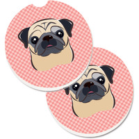 "Caroline's Treasures Checkerboard Pink Fawn Pug Set of 2 Cup Holder Car Coasters BB1262CARC, 2.56, Multicolor"