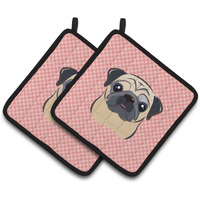"Caroline's Treasures Checkerboard Pink Fawn Pug Pair of Pot Holders BB1262PTHD, 7.5HX7.5W, Multicolor"