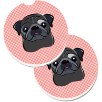 "Caroline's Treasures Checkerboard Pink black Pug Set of 2 Cup Holder Car Coasters BB1263CARC, 2.56, Multicolor"
