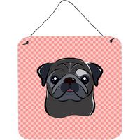 "Caroline's Treasures Checkerboard Pink Black Pug Wall or Door Hanging Prints, 6 x 6"""