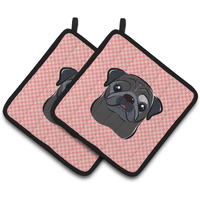 "Caroline's Treasures Checkerboard Pink black Pug Pair of Pot Holders BB1263PTHD, 7.5HX7.5W, Multicolor"