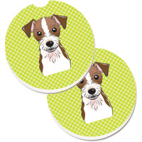 "Caroline's Treasures Checkerboard Lime green Jack Russell Terrier Set of 2 Cup Holder Car Coasters BB1264CARC, 2.56, Multicolor"