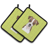 "Caroline's Treasures Checkerboard Lime green Jack Russell Terrier Pair of Pot Holders BB1264PTHD, 7.5HX7.5W, Multicolor"