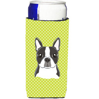 Checkerboard Lime Green Boston Terrier Ultra Beverage Insulators for slim cans