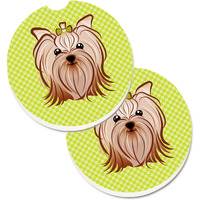 "Caroline's Treasures Checkerboard Lime green Yorkie Yorkishire Terrier Set of 2 Cup Holder Car Coasters BB1266CARC, 2.56, Multicolor"