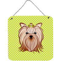 "Caroline's Treasures Checkerboard Lime Green Yorkie Yorkshire Terrier Wall or Door Hanging Prints, 6 x 6"""