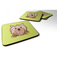 "Caroline's Treasures BB1266FC Checkerboard Lime Green Yorkie Yorkishire Terrier Foam Coaster (Set of 4), 3.5"" H x 3.5"" W, Multicolor"