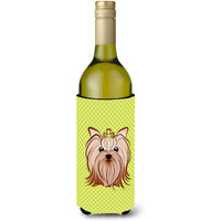 Checkerboard Lime Green Yorkie Yorkishire Terrier Wine Bottle Beverage Insulator Hugger