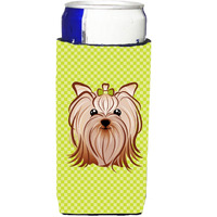 Checkerboard Lime Green Yorkie Ultra Beverage Insulators for slim cans