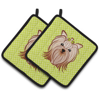"Caroline's Treasures Checkerboard Lime green Yorkie Yorkishire Terrier Pair of Pot Holders BB1266PTHD, 7.5HX7.5W, Multicolor"