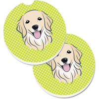 "Caroline's Treasures Checkerboard Lime green Golden Retriever Set of 2 Cup Holder Car Coasters BB1267CARC, 2.56, Multicolor"