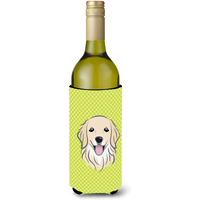 Checkerboard Lime Green Golden Retriever Wine Bottle Beverage Insulator Hugger BB1267LITERK