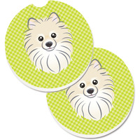"Caroline's Treasures Checkerboard Lime green Pomeranian Set of 2 Cup Holder Car Coasters BB1269CARC, 2.56, Multicolor"