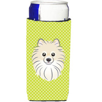 Checkerboard Lime Green Pomeranian Ultra Beverage Insulators for slim cans