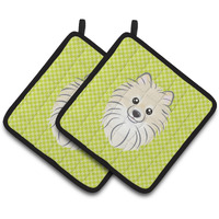"Caroline's Treasures Checkerboard Lime green Pomeranian Pair of Pot Holders BB1269PTHD, 7.5HX7.5W, Multicolor"