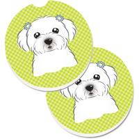 "Caroline's Treasures Checkerboard Lime green Maltese Set of 2 Cup Holder Car Coasters BB1270CARC, 2.56, Multicolor"