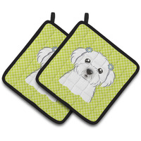 "Caroline's Treasures Checkerboard Lime green Maltese Pair of Pot Holders BB1270PTHD, 7.5HX7.5W, Multicolor"