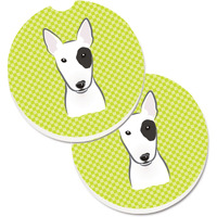 "Caroline's Treasures Checkerboard Lime green Bull Terrier Set of 2 Cup Holder Car Coasters BB1271CARC, 2.56, Multicolor"