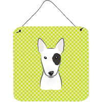 "Caroline's Treasures Checkerboard Lime Green Bull Terrier Wall or Door Hanging Prints, 6 x 6"""