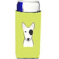 Checkerboard Lime Green Bull Terrier Ultra Beverage Insulators for slim cans