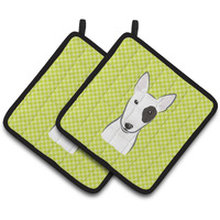 "Caroline's Treasures Checkerboard Lime green Bull Terrier Pair of Pot Holders BB1271PTHD, 7.5HX7.5W, Multicolor"