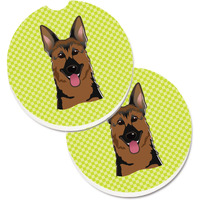 "Caroline's Treasures Checkerboard Lime green German Shepherd Set of 2 Cup Holder Car Coasters BB1273CARC, 2.56, Multicolor"