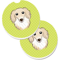 "Caroline's Treasures Checkerboard Lime green Longhair Creme Dachshund Set of 2 Cup Holder Car Coasters BB1274CARC, 2.56, Multicolor"