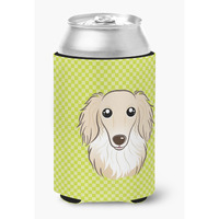 Checkerboard Lime Green Longhair Creme Dachshund Can or Bottle Hugger BB1274CC