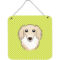 "Caroline's Treasures Checkerboard Lime Green Longhair Creme Dachshund Wall or Door Hanging Prints, 6 x 6"""