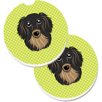"Caroline's Treasures Checkerboard Lime green Longhair black & Tan Dachshund Set of 2 Cup Holder Car Coasters BB1275CARC, 2.56, Multicolor"