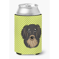 Checkerboard Lime Green Longhair Black and Tan Dachshund Can or Bottle Hugger BB1275CC