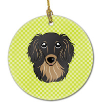 Checkerboard Lime Green Longhair Black and Tan Dachshund Ceramic Ornament BB1275CO1