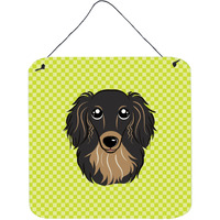"Caroline's Treasures Checkerboard Lime Green Longhair Black and Tan Dachshund Wall or Door Hanging Prints, 6 x 6"""