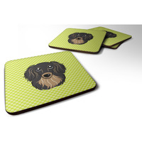 "Caroline's Treasures BB1275FC Checkerboard Lime Green Longhair Black and Tan Dachshund Foam Coaster (Set of 4), 3.5"" H x 3.5"" W, Multicolor"