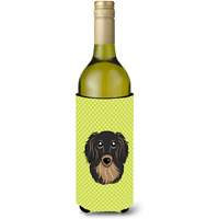 Checkerboard Lime Green Longhair Black Tan Dachshund Wine Bottle Beverage Insulator Hugger
