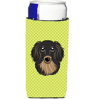 Checkerboard Lime Green Black Dachshund Ultra Beverage Insulators for slim cans