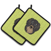"Caroline's Treasures Checkerboard Lime green Longhair black & Tan Dachshund Pair of Pot Holders BB1275PTHD, 7.5HX7.5W, Multicolor"