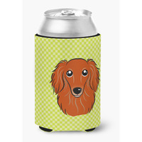 Checkerboard Lime Green Longhair Red Dachshund Can or Bottle Hugger BB1276CC