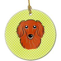 Checkerboard Lime Green Longhair Red Dachshund Ceramic Ornament BB1276CO1