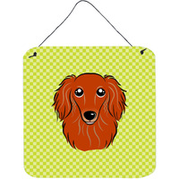 "Caroline's Treasures Checkerboard Lime Green Longhair Red Dachshund Wall or Door Hanging Prints, 6 x 6"""