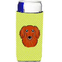 Checkerboard Lime Green Longhair Red Dachshund Ultra Beverage Insulators slim cans