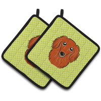 "Caroline's Treasures Checkerboard Lime green Longhair Red Dachshund Pair of Pot Holders BB1276PTHD, 7.5HX7.5W, Multicolor"