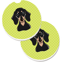 "Caroline's Treasures Checkerboard Lime green Smooth black & Tan Dachshund Set of 2 Cup Holder Car Coasters BB1277CARC, 2.56, Multicolor"