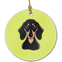 Checkerboard Lime Green Smooth Black and Tan Dachshund Ceramic Ornament BB1277CO1