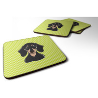 "Caroline's Treasures BB1277FC Checkerboard Lime Green Smooth Black and Tan Dachshund Foam Coaster (Set of 4), 3.5"" H x 3.5"" W, Multicolor"